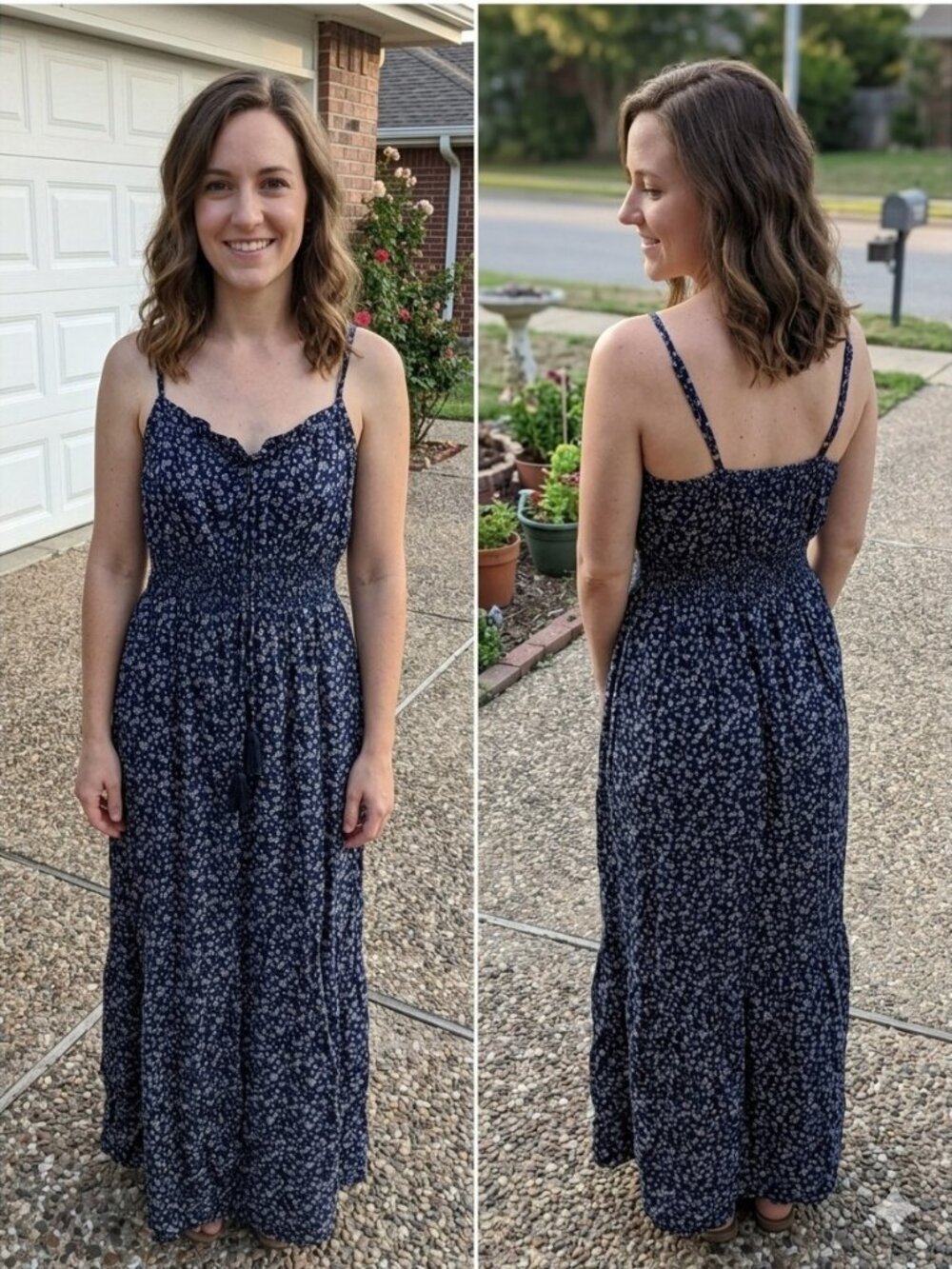 Birch & Stone Navy Floral Maxi Junior L Smocked Boho Tassel Rayon Whimsigoth